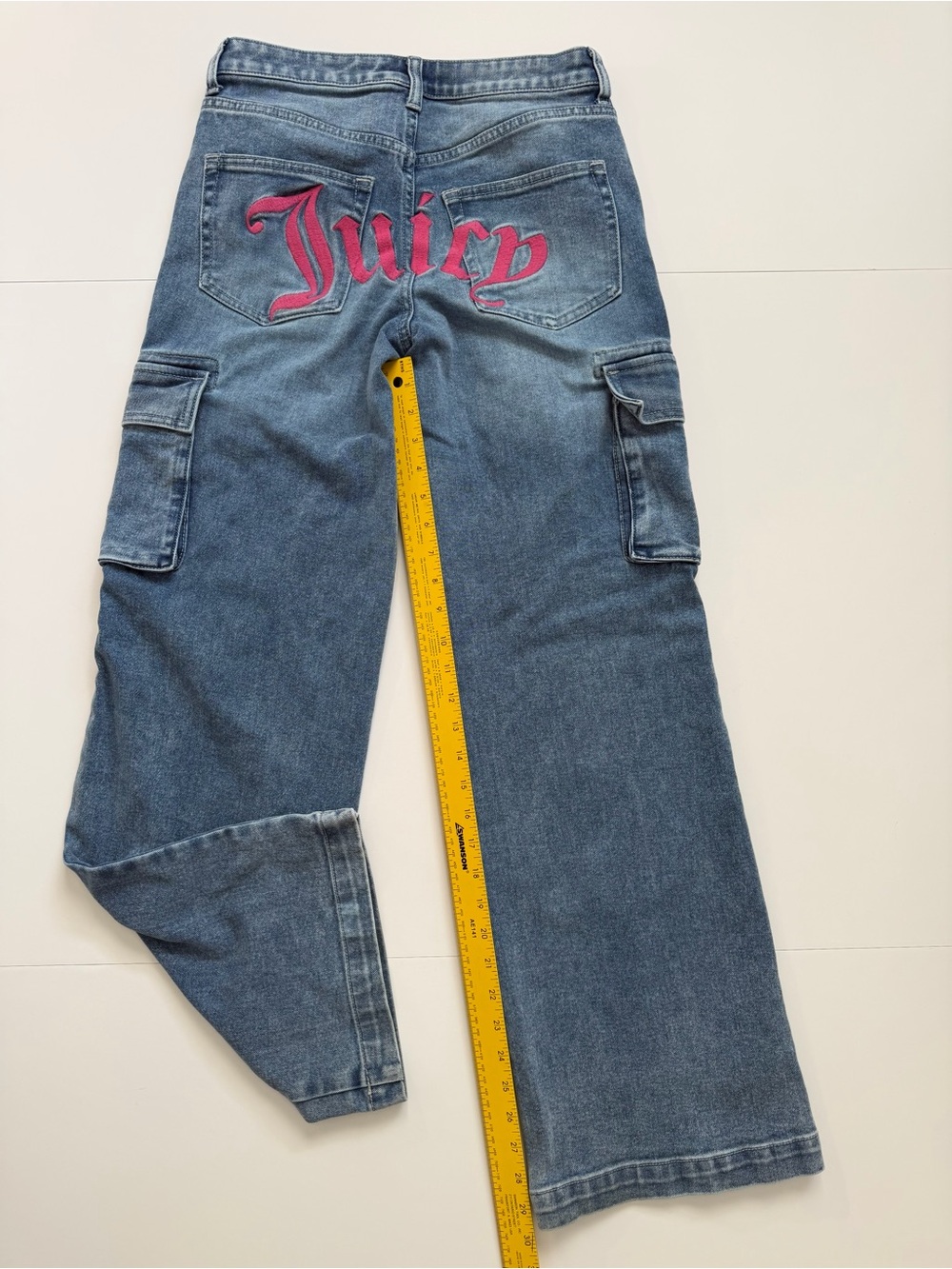 Juicy Couture Y2K Baggy Wide Leg Cargo Jeans Size 5/27 Blue Pink Logo Abbot